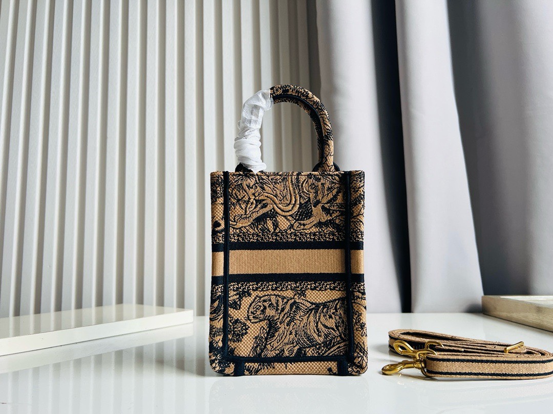 Bagsaaa D10r Phone Book Tote Ecru and Brown Toile de Jouy Embroidery - 13.5*5*18cm