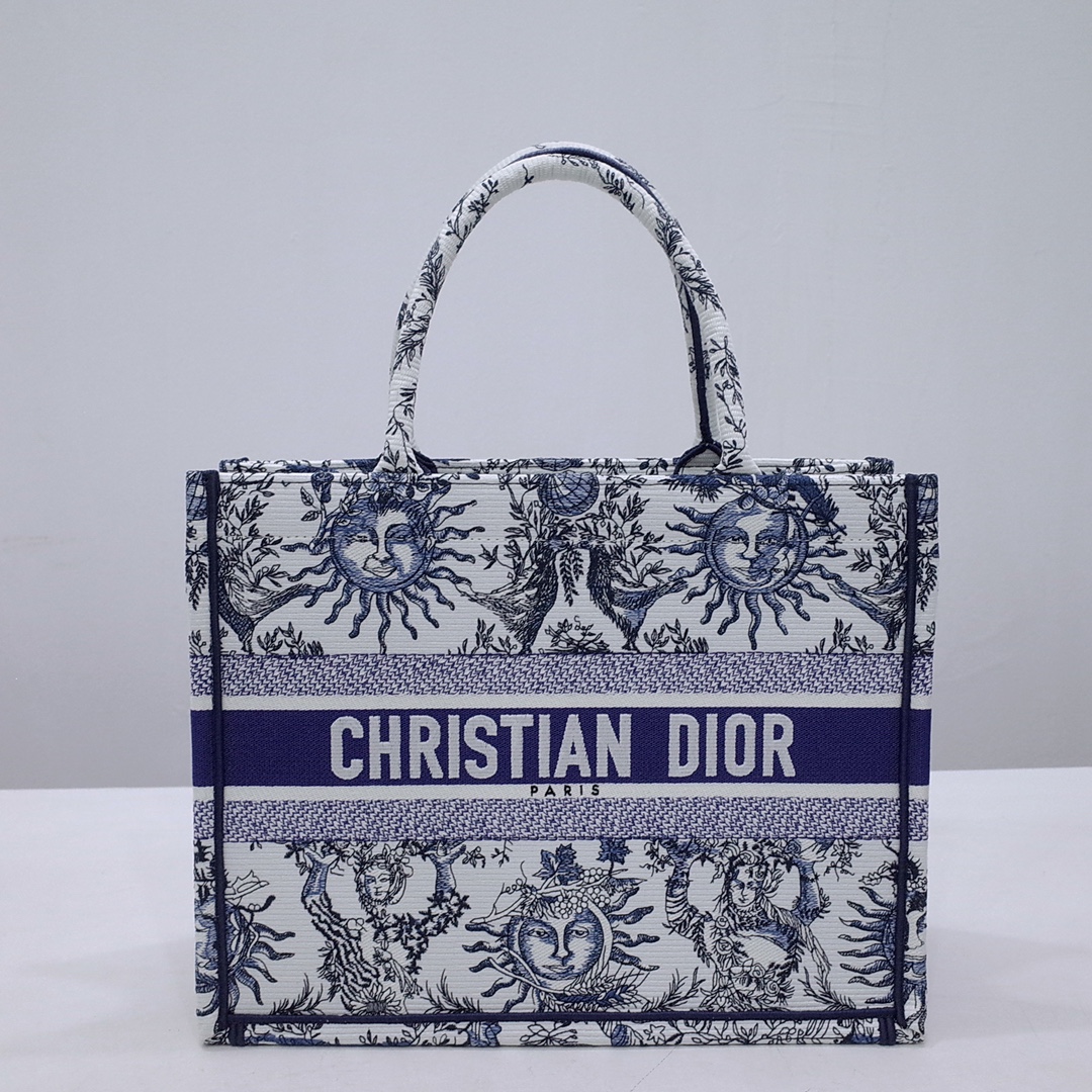 Bagsaaa Medium D10r Book Tote White and Navy Blue Toile de Jouy Soleil Embroidery - 36 x 27.5 x 16.5 cm