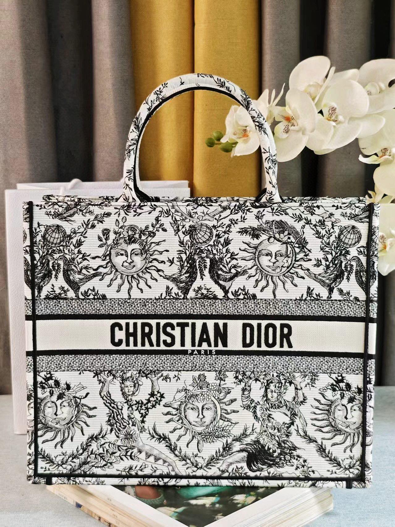 Bagsaaa Large D10r Book Tote White and Black Toile de Jouy Soleil Embroidery - 42 x 35 x 18.5 cm