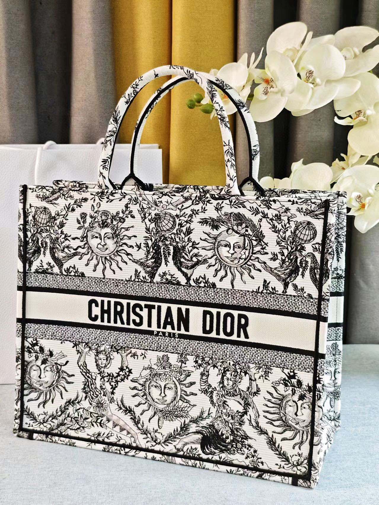 Bagsaaa Large D10r Book Tote White and Black Toile de Jouy Soleil Embroidery - 42 x 35 x 18.5 cm