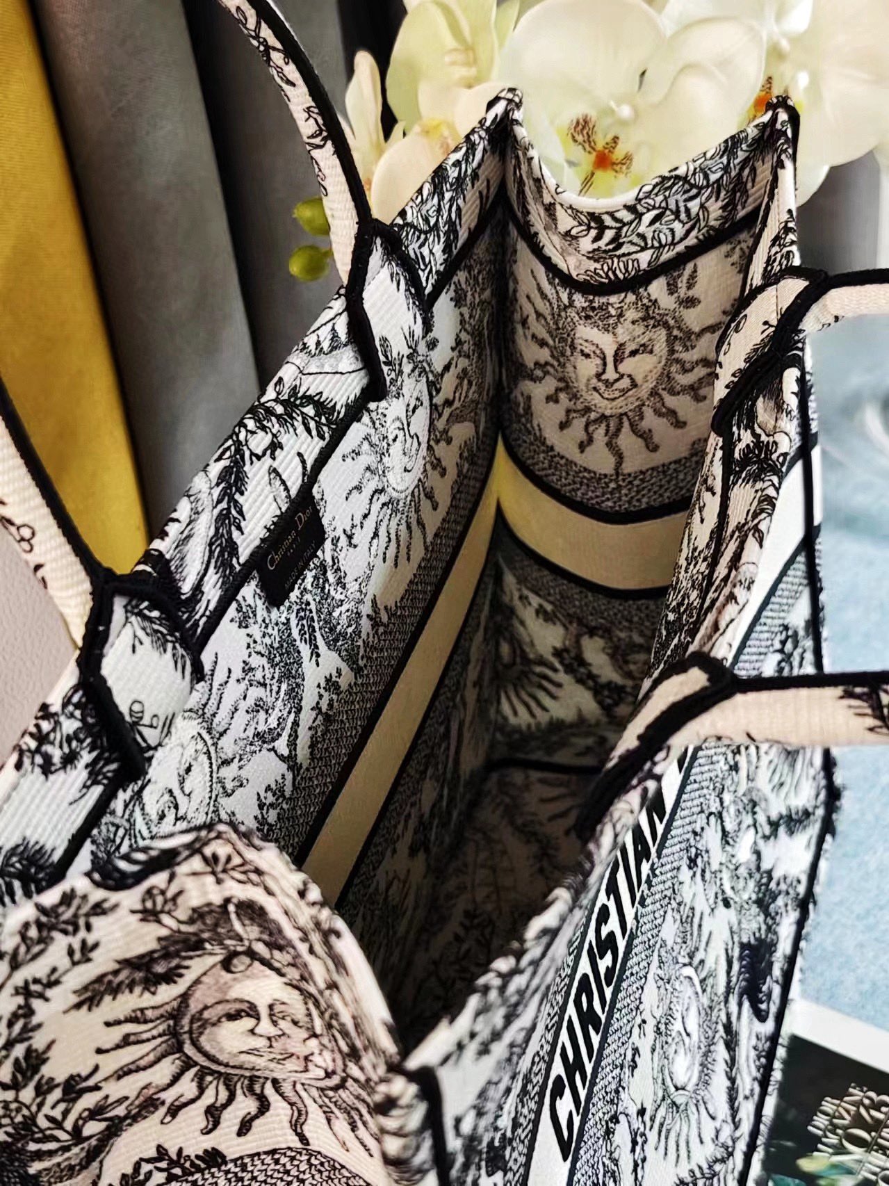 Bagsaaa Large D10r Book Tote White and Black Toile de Jouy Soleil Embroidery - 42 x 35 x 18.5 cm
