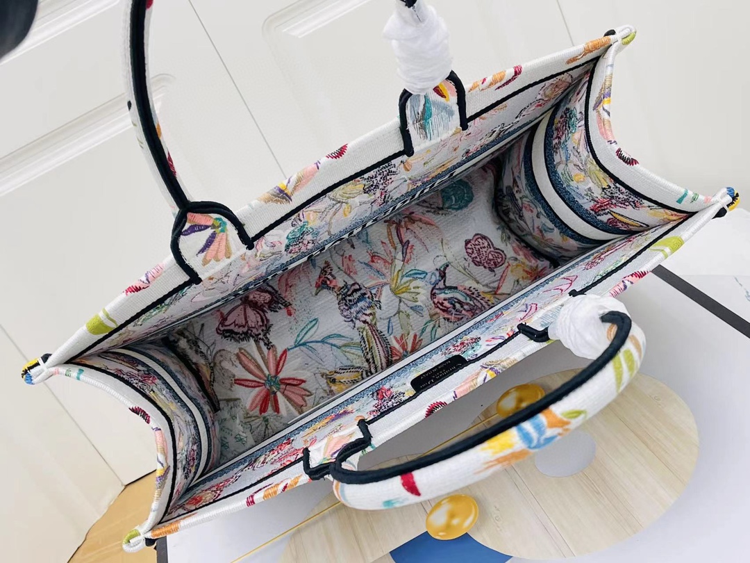 Bagsaaa Large D10r Book Tote White Multicolor Toile de Jouy Fantastica Embroidery -42 x 35 x 18.5 cm