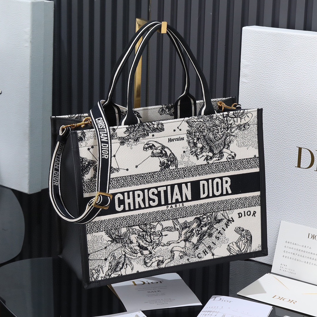 Bagsaaa Medium D10r Book Tote Latte Multicolor D10r Zodiac Embroidery and Black Calfskin - 36.5 x 28 x 17.5 cm