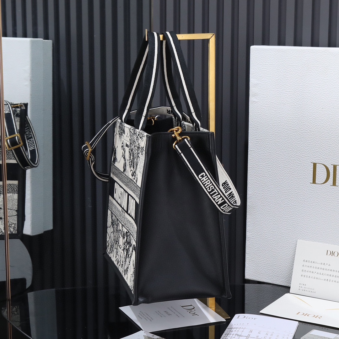 Bagsaaa Medium D10r Book Tote Latte Multicolor D10r Zodiac Embroidery and Black Calfskin - 36.5 x 28 x 17.5 cm