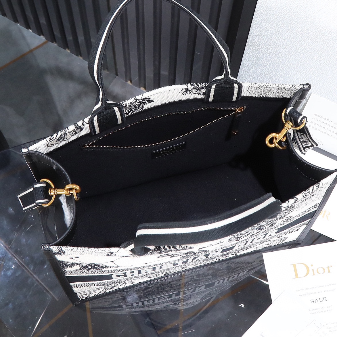 Bagsaaa Medium D10r Book Tote Latte Multicolor D10r Zodiac Embroidery and Black Calfskin - 36.5 x 28 x 17.5 cm