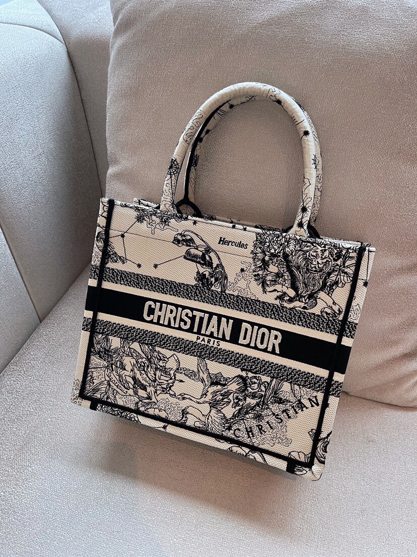 Bagsaaa D10r Small Book Tote Latte Toile de Jouy Zodiac Embroidery - 26.5x21x14 cm