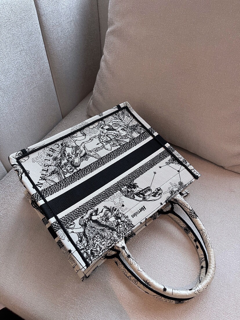 Bagsaaa D10r Small Book Tote Latte Toile de Jouy Zodiac Embroidery - 26.5x21x14 cm