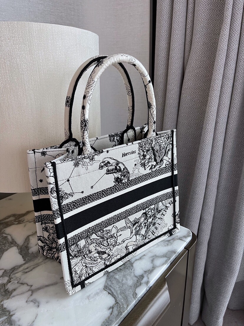 Bagsaaa D10r Small Book Tote Latte Toile de Jouy Zodiac Embroidery - 26.5x21x14 cm