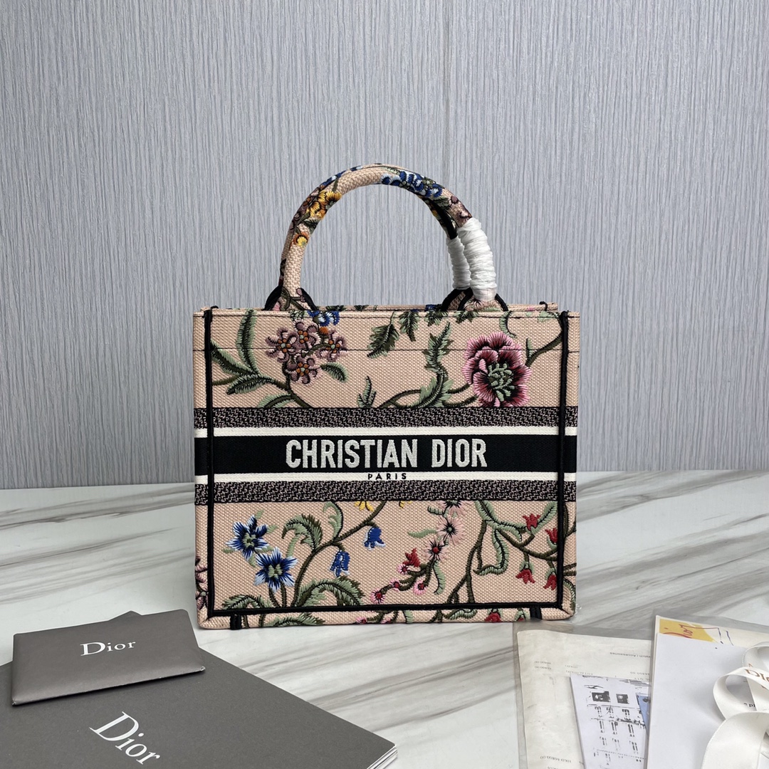 Bagsaaa Small D10r Book Tote Pink Multicolor D10r Petites Fleurs Embroidery - 26.5 x 21 x 14 cm