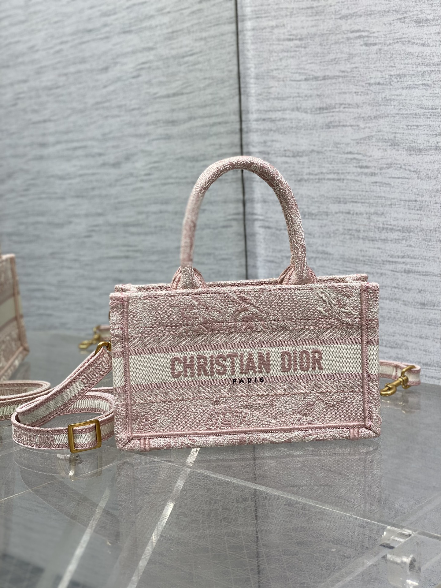 Bagsaaa Mini D10r Book Tote Pink Toile de Jouy Reverse Embroidery - 21.5 x 13 x 7.5 cm