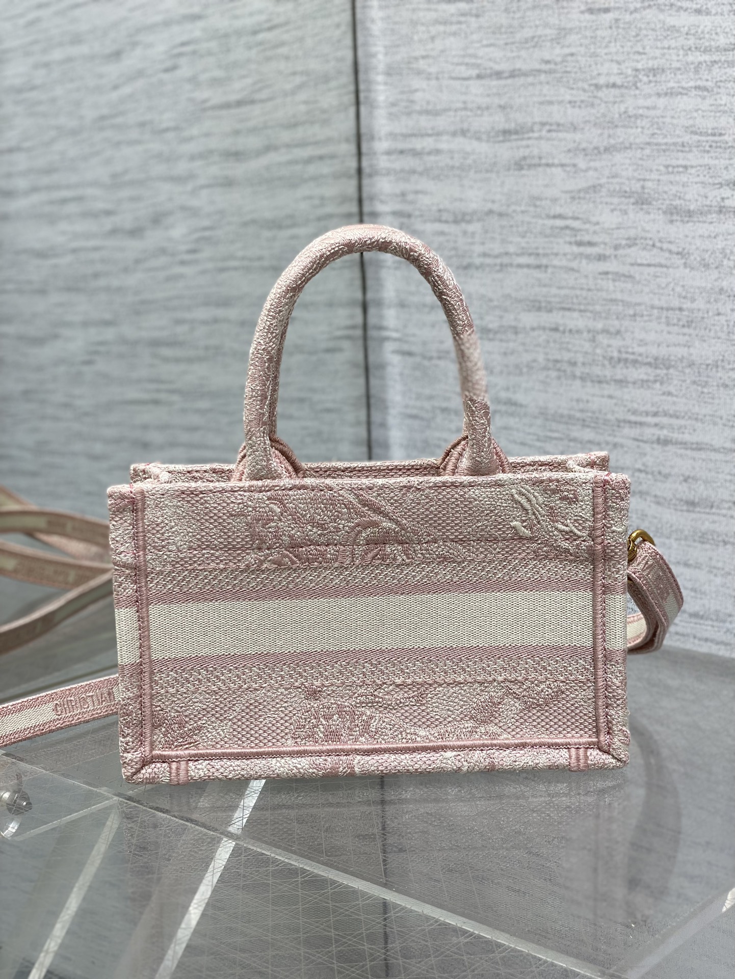 Bagsaaa Mini D10r Book Tote Pink Toile de Jouy Reverse Embroidery - 21.5 x 13 x 7.5 cm