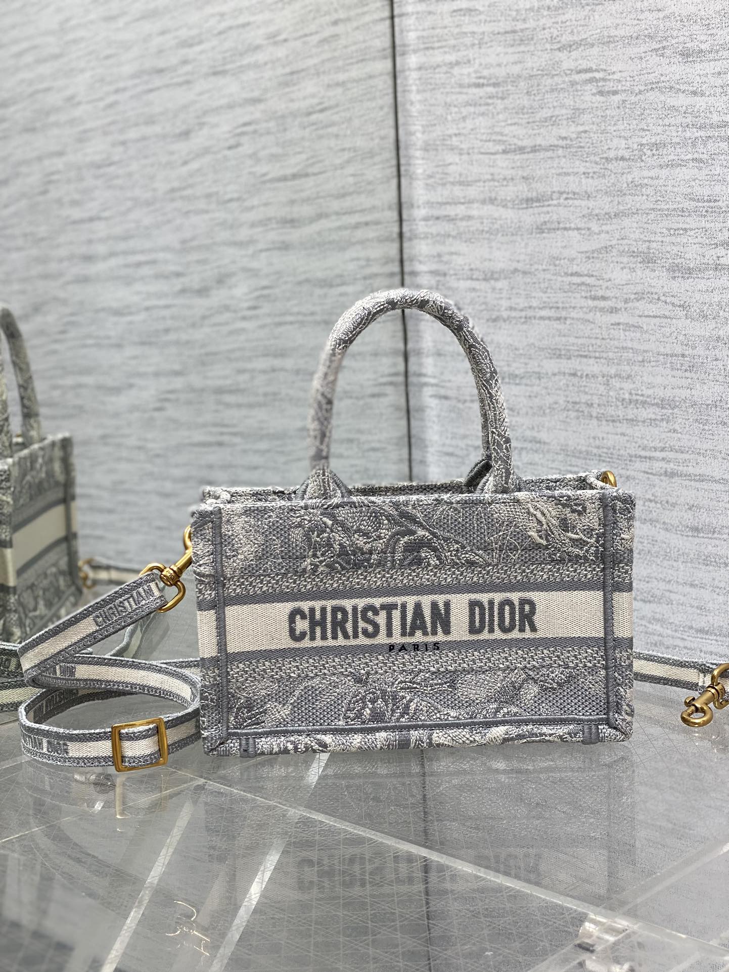 Bagsaaa Mini D10r Book Tote Gray Toile de Jouy Reverse Embroidery - 21.5 x 13 x 7.5 cm