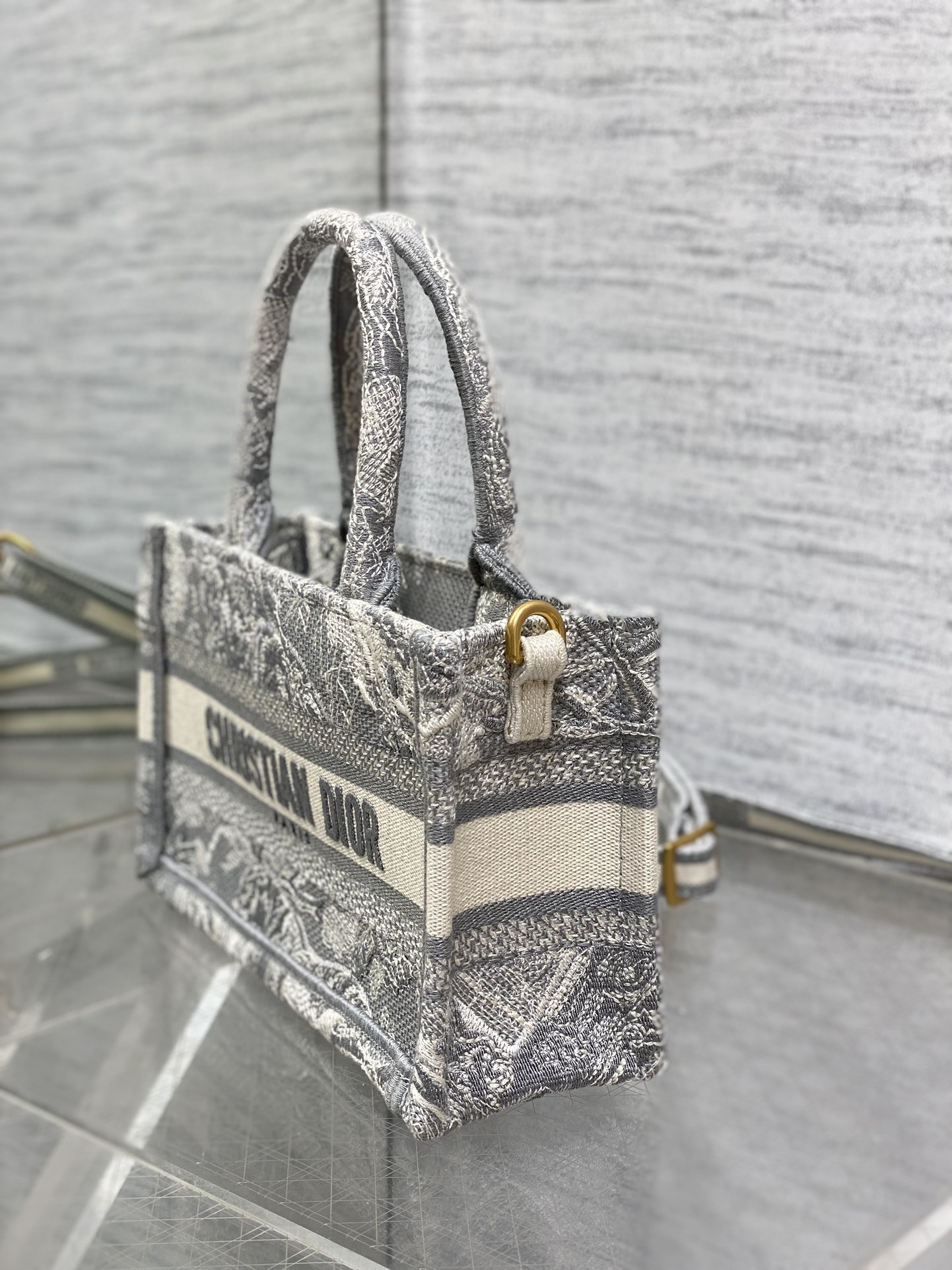 Bagsaaa Mini D10r Book Tote Gray Toile de Jouy Reverse Embroidery - 21.5 x 13 x 7.5 cm