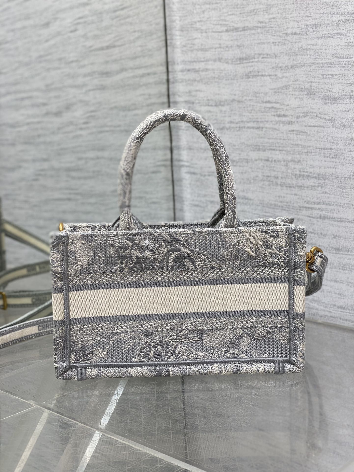Bagsaaa Mini D10r Book Tote Gray Toile de Jouy Reverse Embroidery - 21.5 x 13 x 7.5 cm