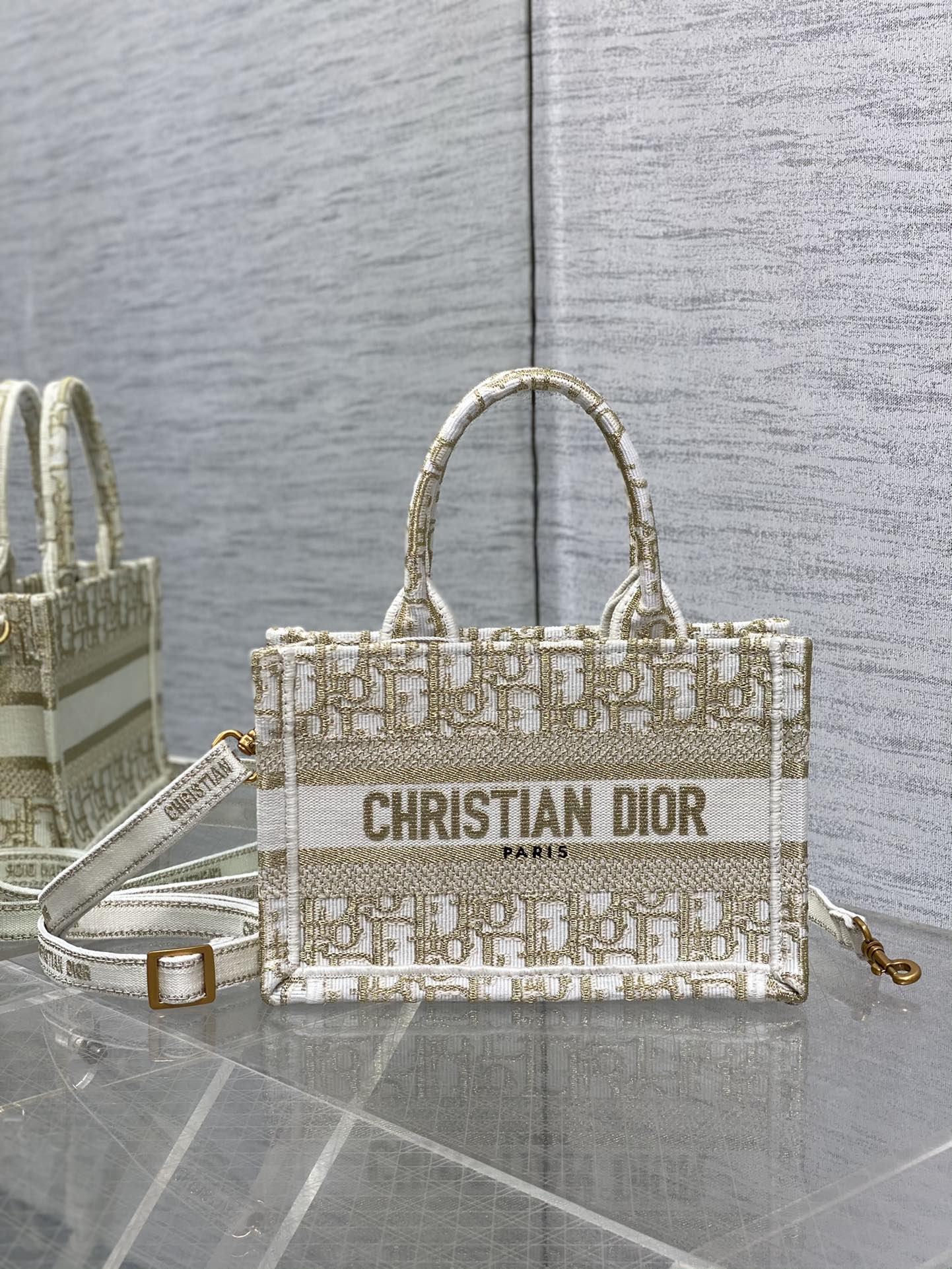 Bagsaaa Mini D10r Book Tote Gold-Tone D10r Oblique Embroidery - 21.5 x 13 x 7.5 cm