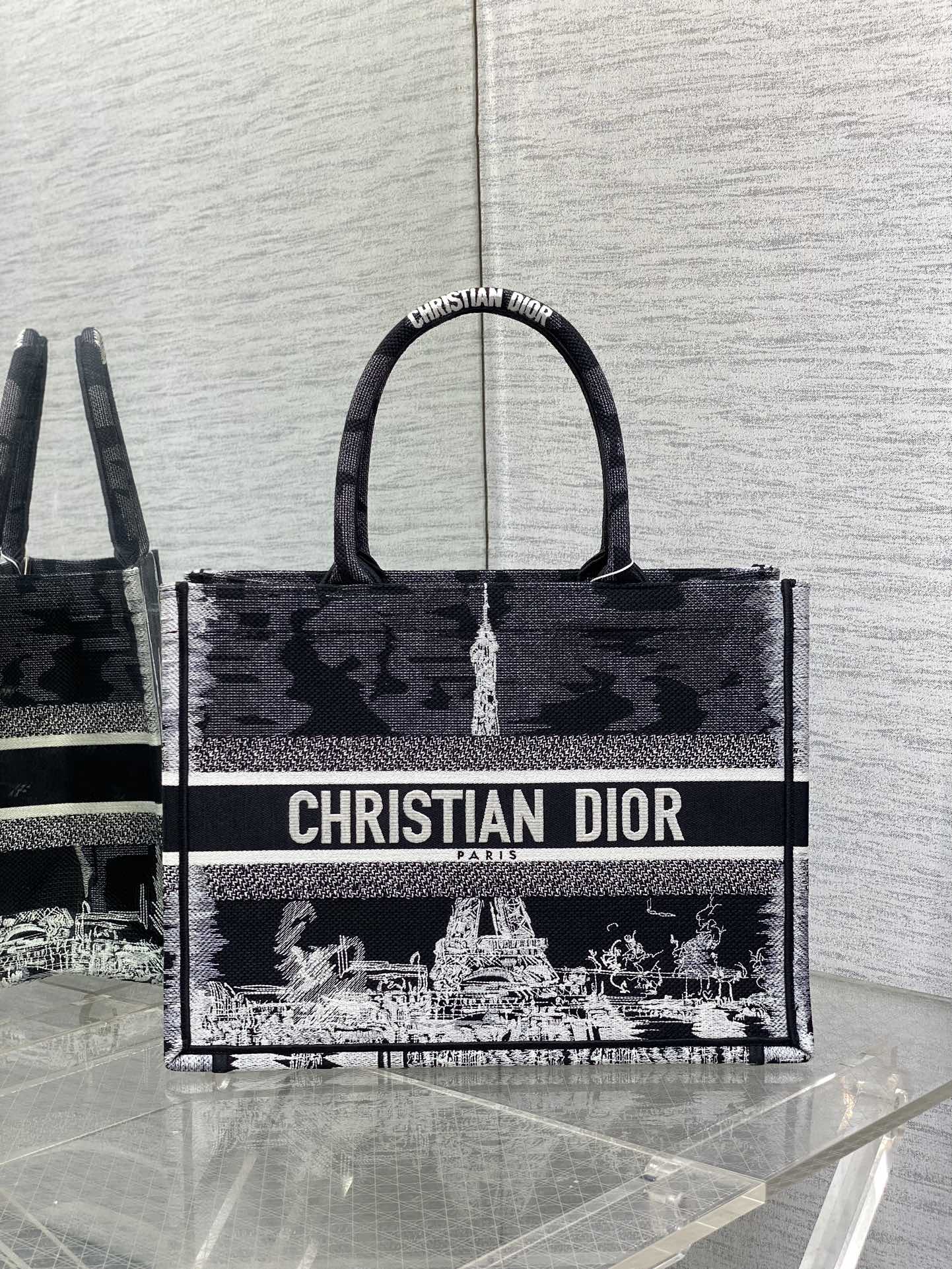 Bagsaaa Medium D10r Book Tote Black and White Paris Embroidery - 36 x 27.5 x 16.5 cm