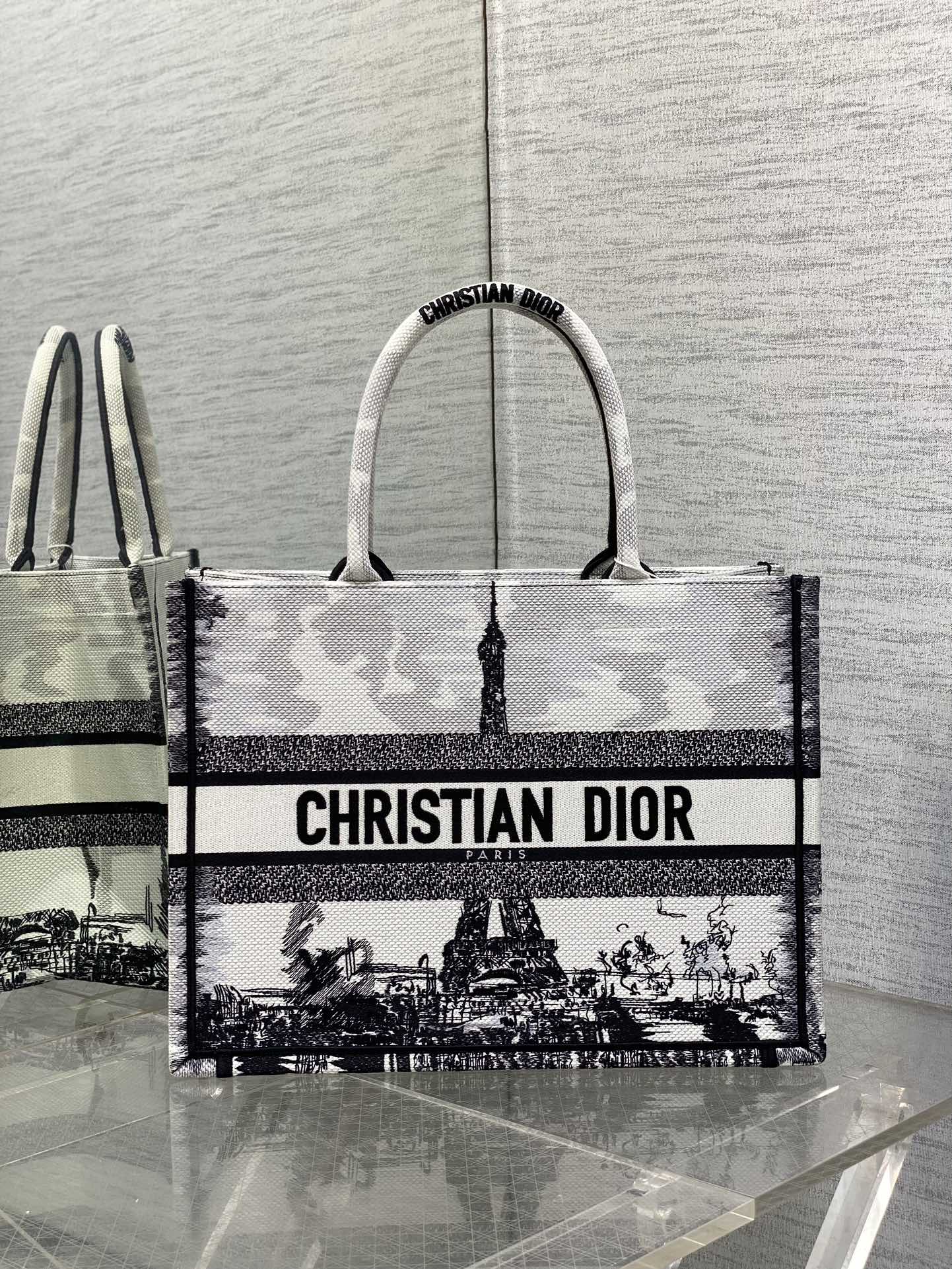 Bagsaaa Medium D10r Book Tote White and Black Paris Embroidery - 36 x 27.5 x 16.5 cm