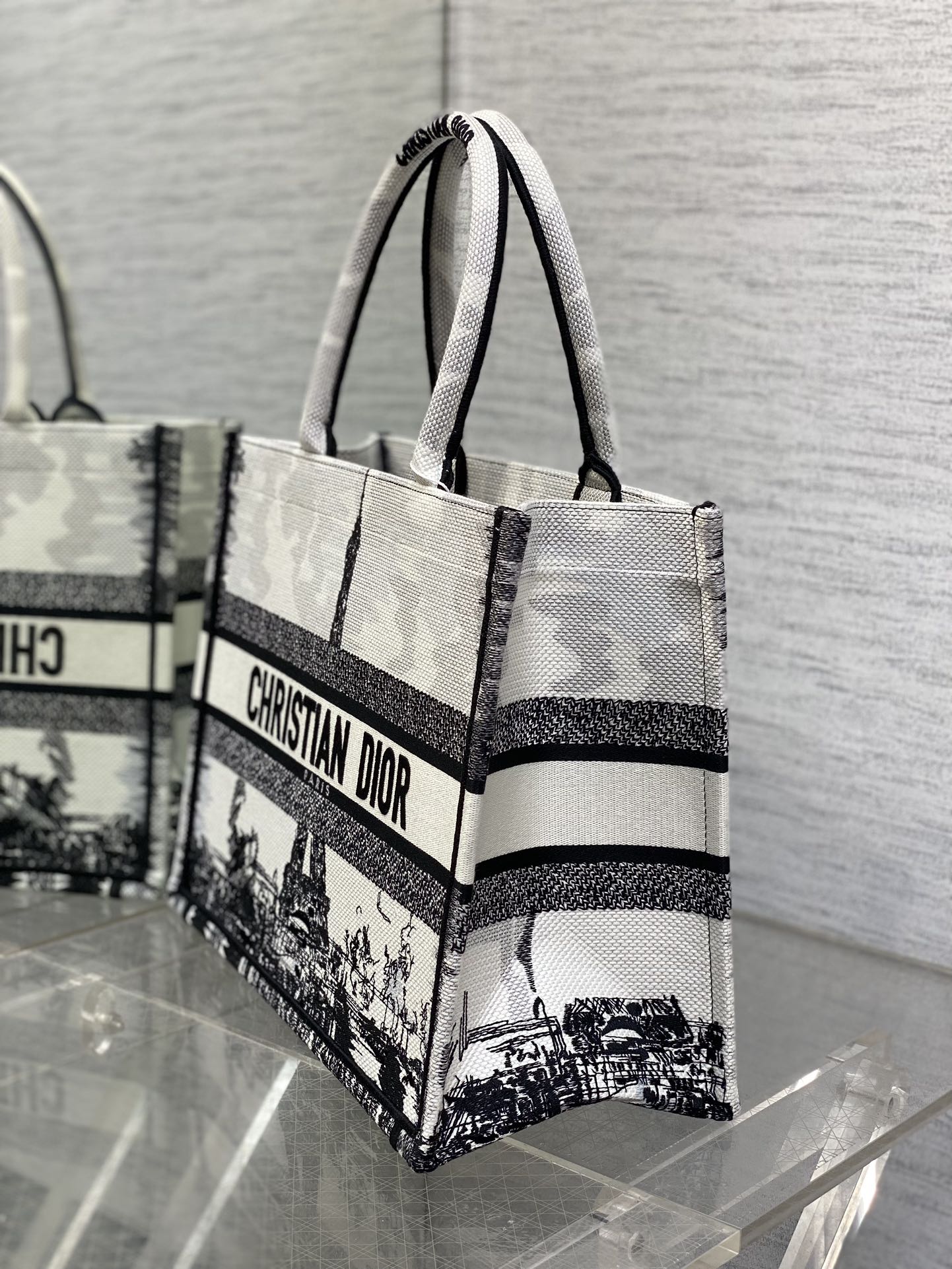 Bagsaaa Medium D10r Book Tote White and Black Paris Embroidery - 36 x 27.5 x 16.5 cm