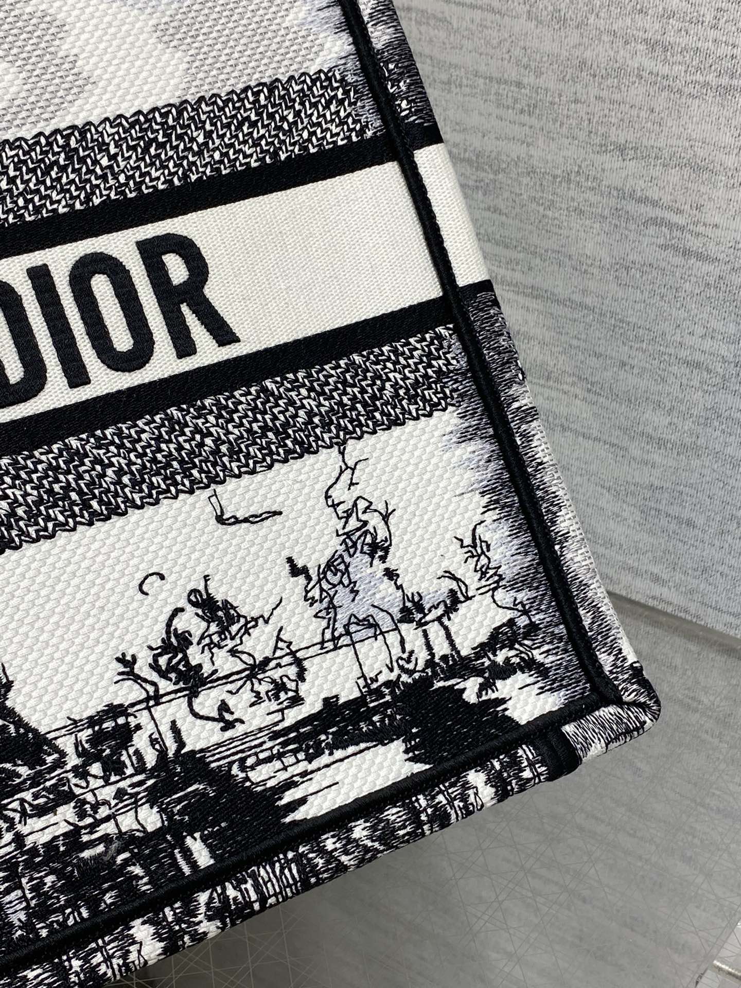 Bagsaaa Medium D10r Book Tote White and Black Paris Embroidery - 36 x 27.5 x 16.5 cm