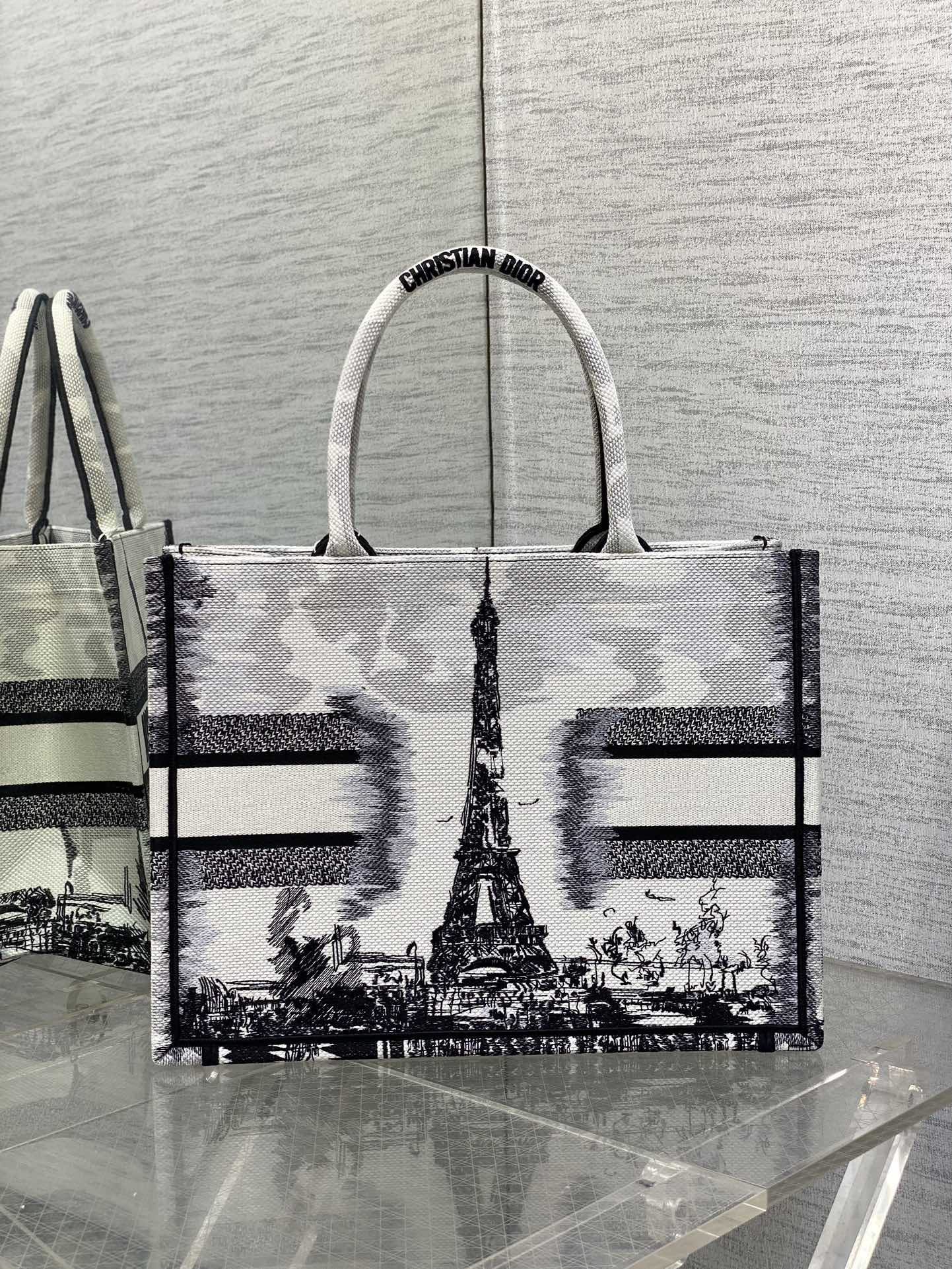 Bagsaaa Medium D10r Book Tote White and Black Paris Embroidery - 36 x 27.5 x 16.5 cm