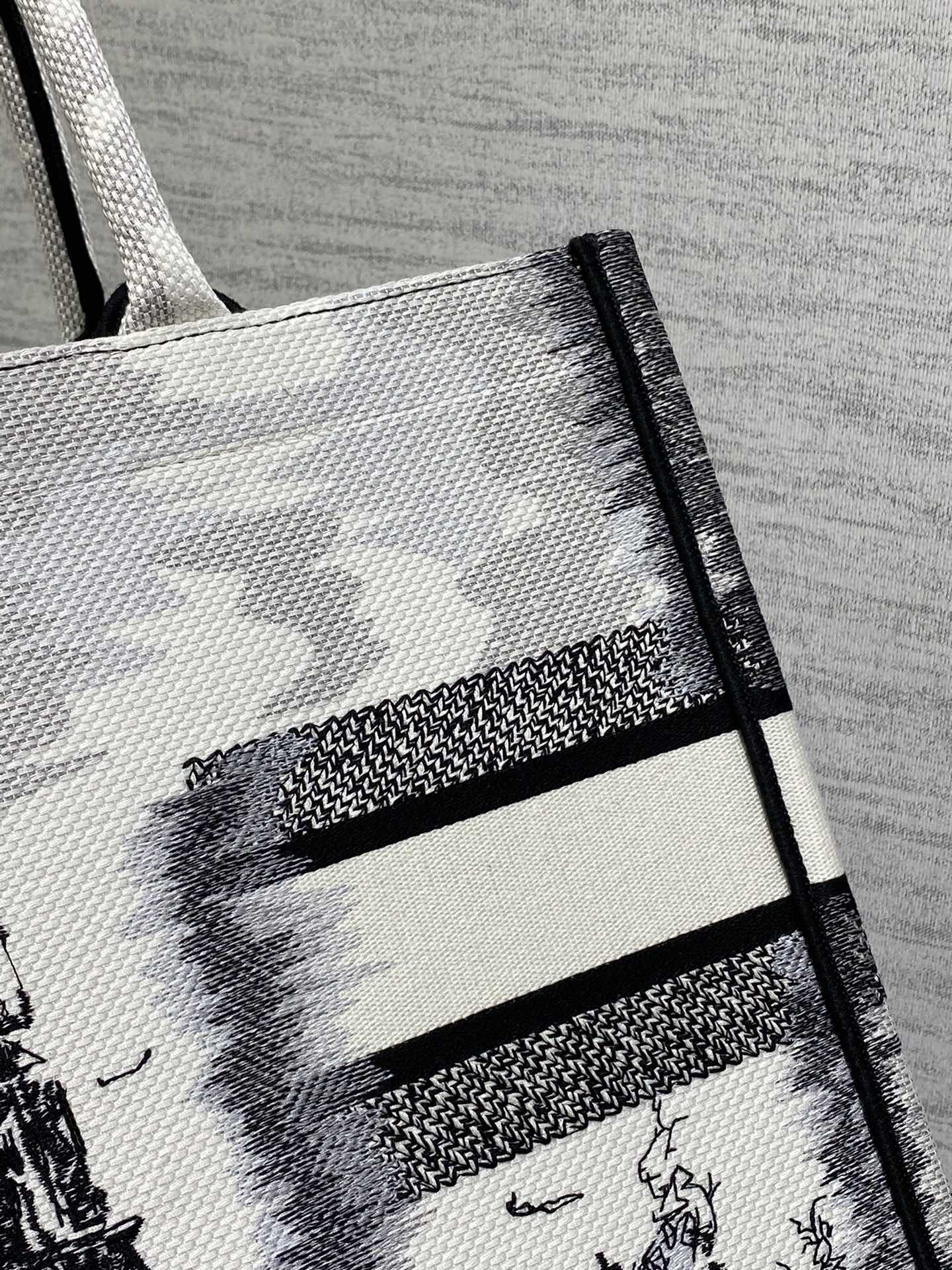 Bagsaaa Medium D10r Book Tote White and Black Paris Embroidery - 36 x 27.5 x 16.5 cm