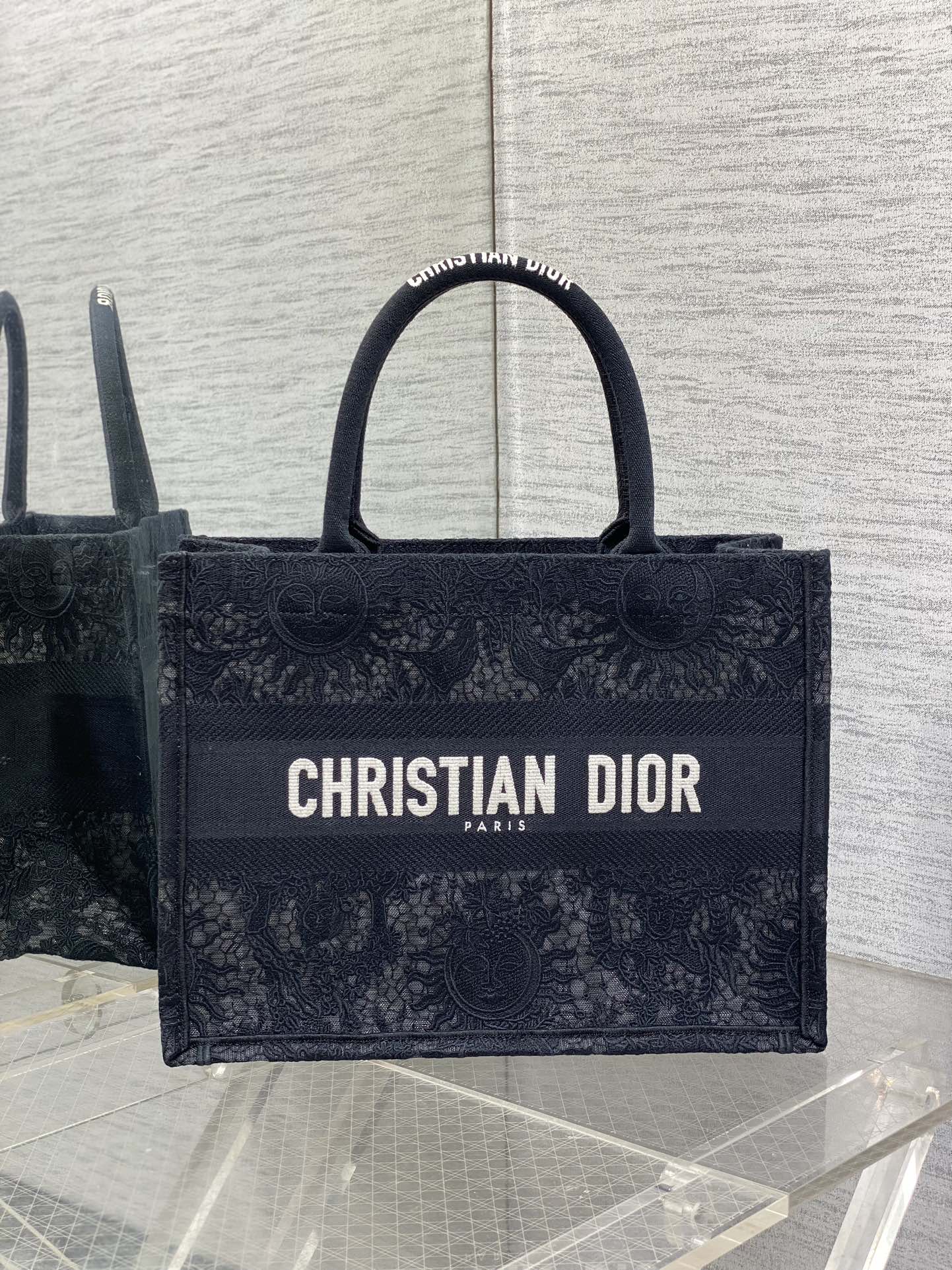 Bagsaaa Medium D10r Book Tote Black Toile de Jouy Soleil Macramé Embroidery - 36 x 27.5 x 16.5 cm