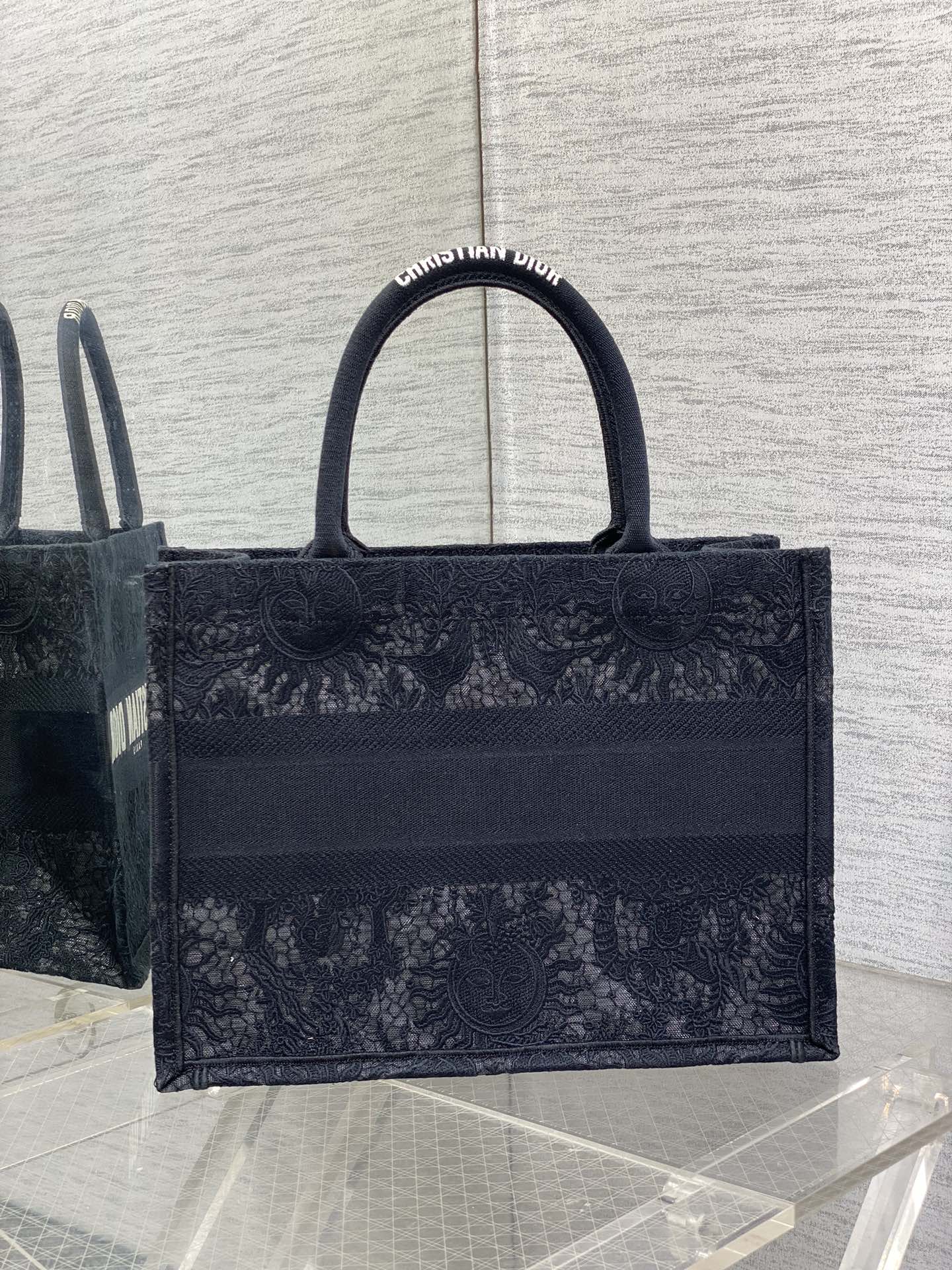 Bagsaaa Medium D10r Book Tote Black Toile de Jouy Soleil Macramé Embroidery - 36 x 27.5 x 16.5 cm