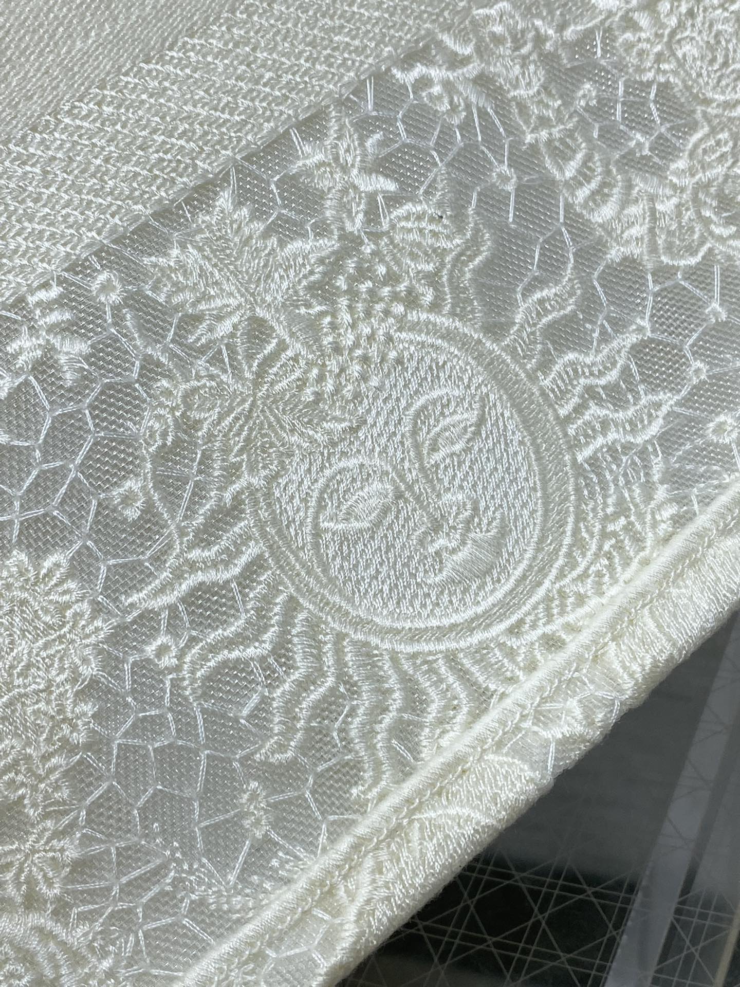 Bagsaaa Medium D10r Book Tote White Toile de Jouy Soleil Macramé Embroidery - 36 x 27.5 x 16.5 cm