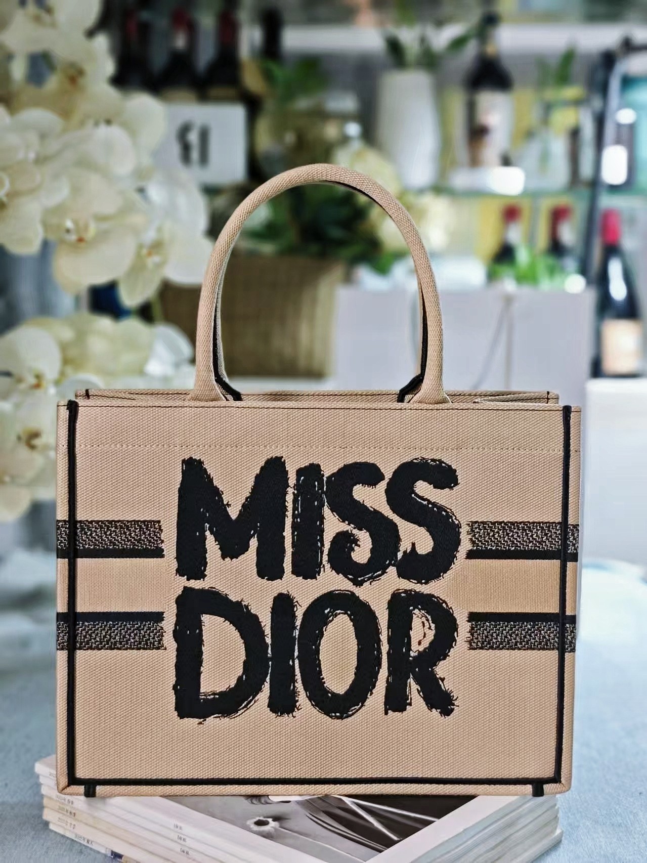 Bagsaaa Medium D10r Book Tote Beige and Black Miss D10r Graffiti Embroidery - 36 x 27.5 x 16.5 cm