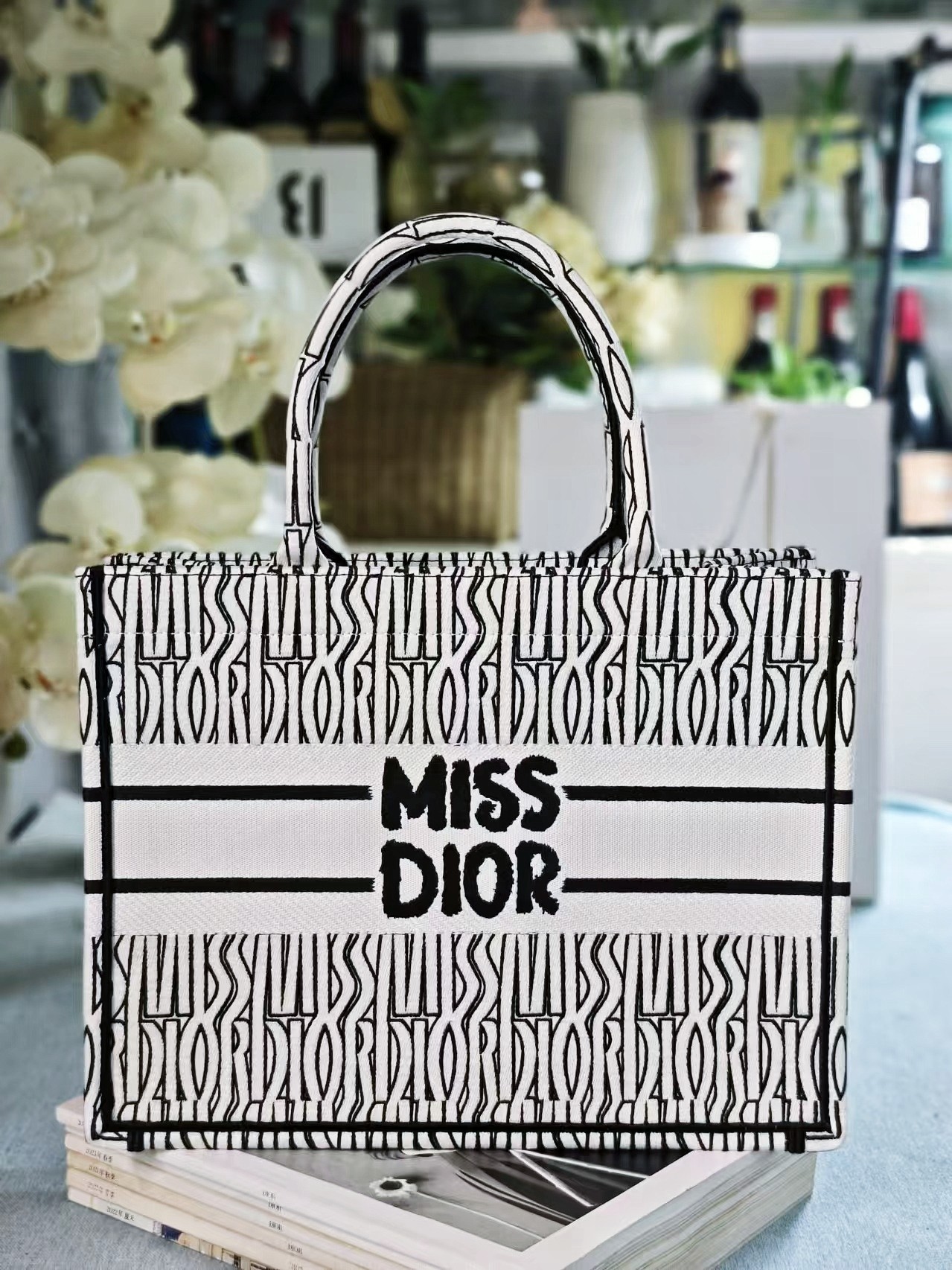 Bagsaaa Medium D10r Book Tote White and Black Miss D10r Allover Embroidery - 36 x 27.5 x 16.5 cm