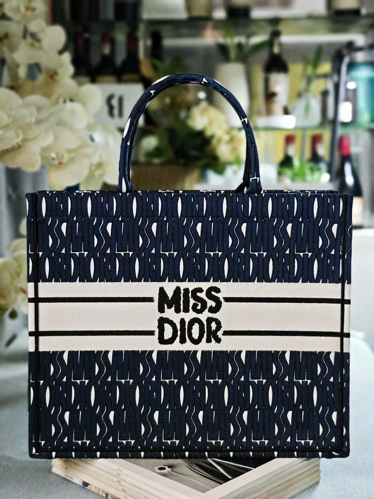 Bagsaaa Large D10r Book Tote Blue and White Miss D10r Allover Embroidery - 42 x 35 x 18.5 cm