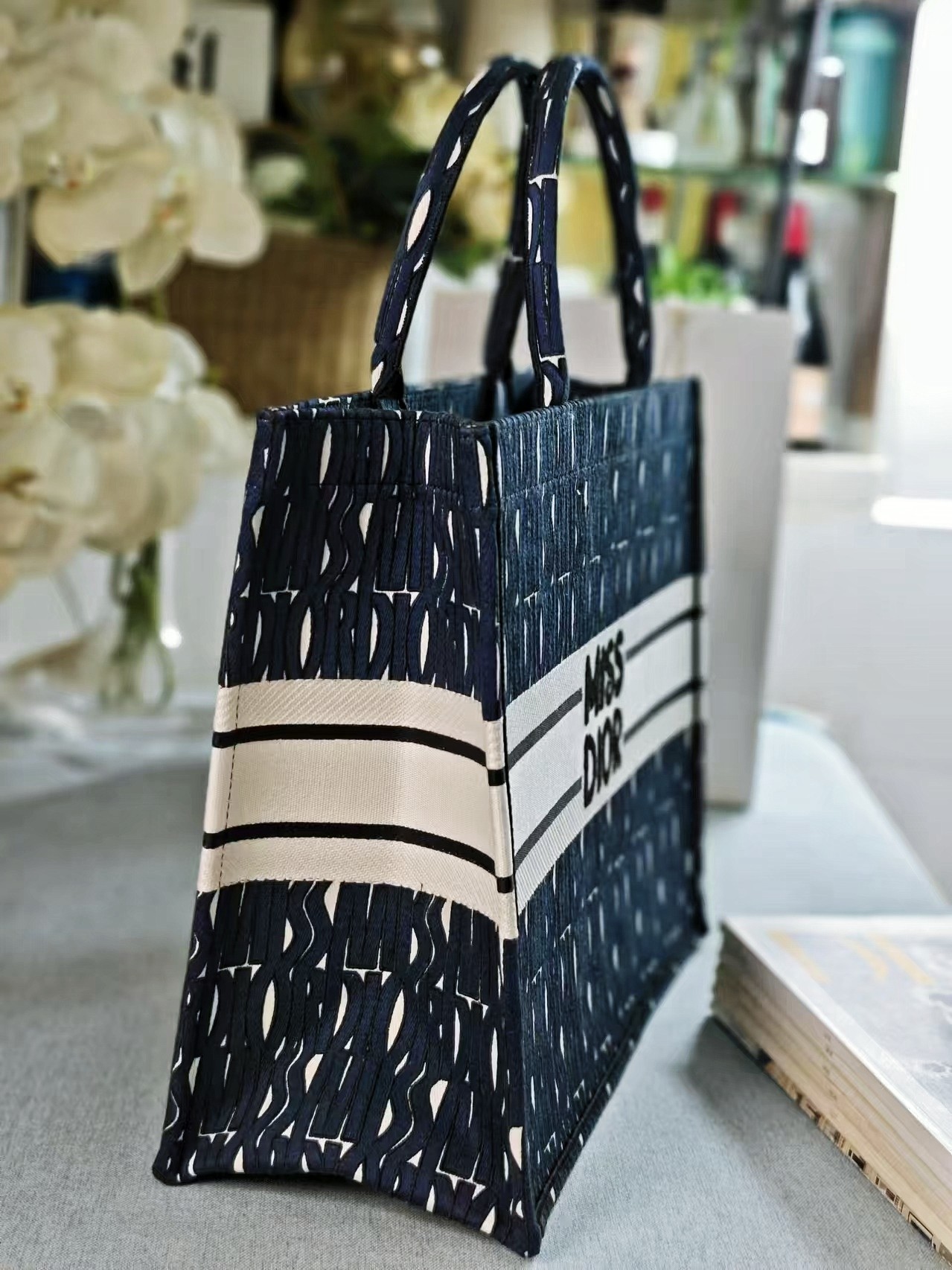 Bagsaaa Large D10r Book Tote Blue and White Miss D10r Allover Embroidery - 42 x 35 x 18.5 cm