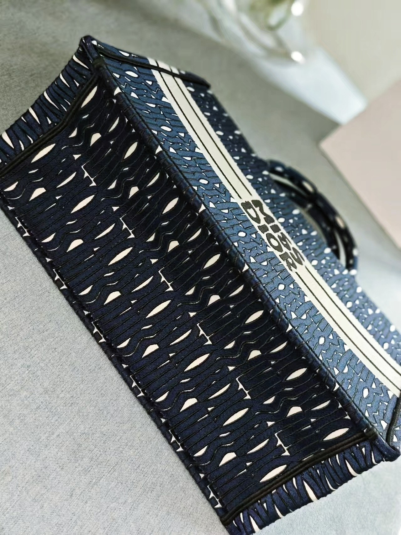 Bagsaaa Large D10r Book Tote Blue and White Miss D10r Allover Embroidery - 42 x 35 x 18.5 cm