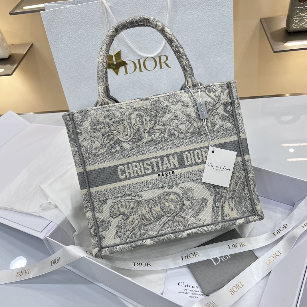 Bagsaaa D10r Small Book Tote Ecru and Gray Toile de Jouy Embroidery - 26.5x21x14 cm