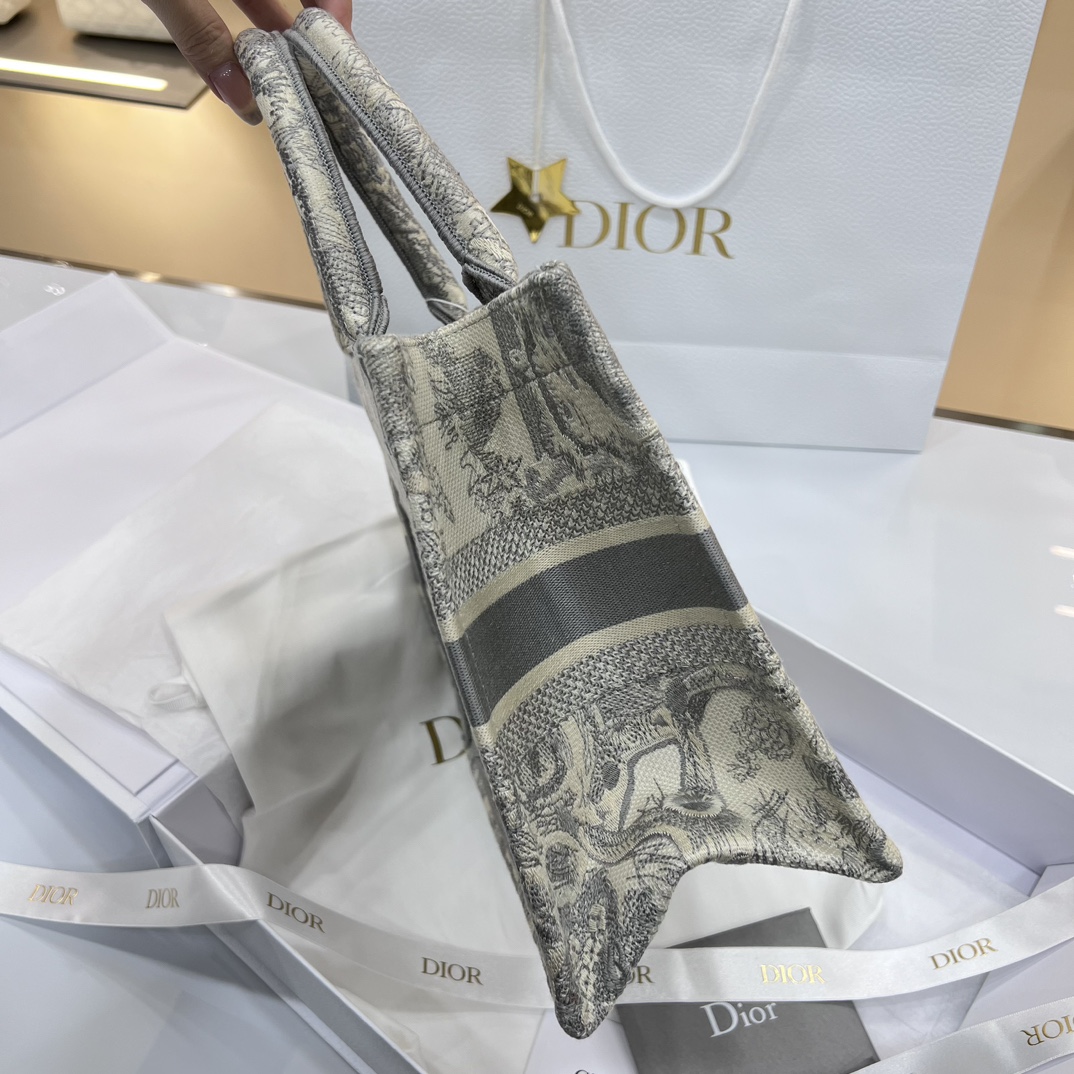 Bagsaaa D10r Small Book Tote Ecru and Gray Toile de Jouy Embroidery - 26.5x21x14 cm