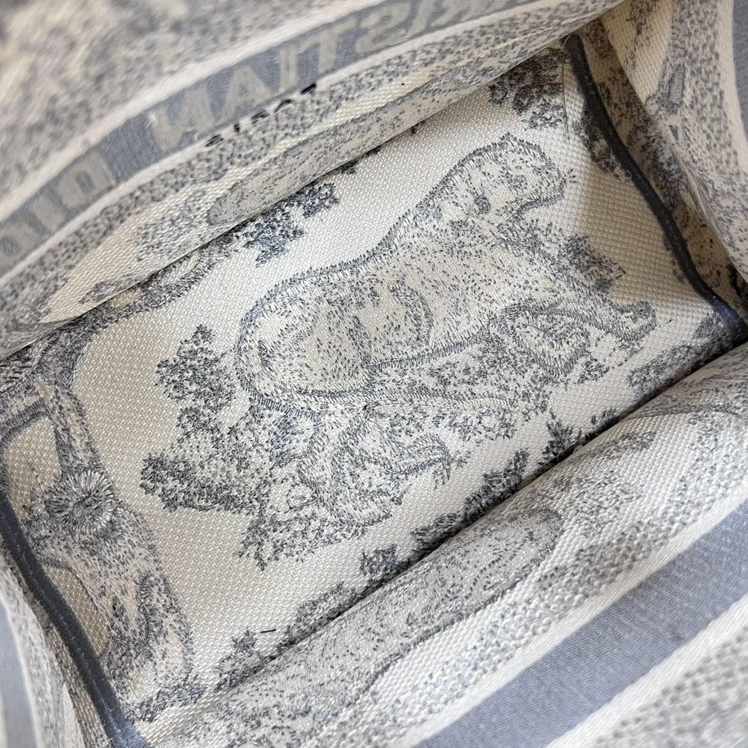 Bagsaaa D10r Small Book Tote Ecru and Gray Toile de Jouy Embroidery - 26.5x21x14 cm