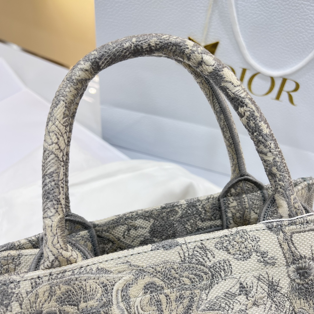 Bagsaaa D10r Small Book Tote Ecru and Gray Toile de Jouy Embroidery - 26.5x21x14 cm