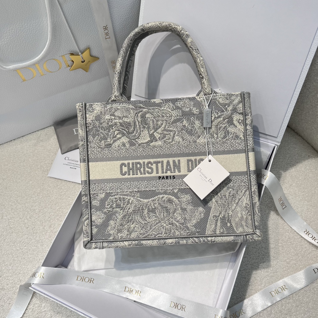 Bagsaaa D10r Small Book Tote Gray and White Toile de Jouy Reverse Embroidery - 26.5 x 22 x 14 cm
