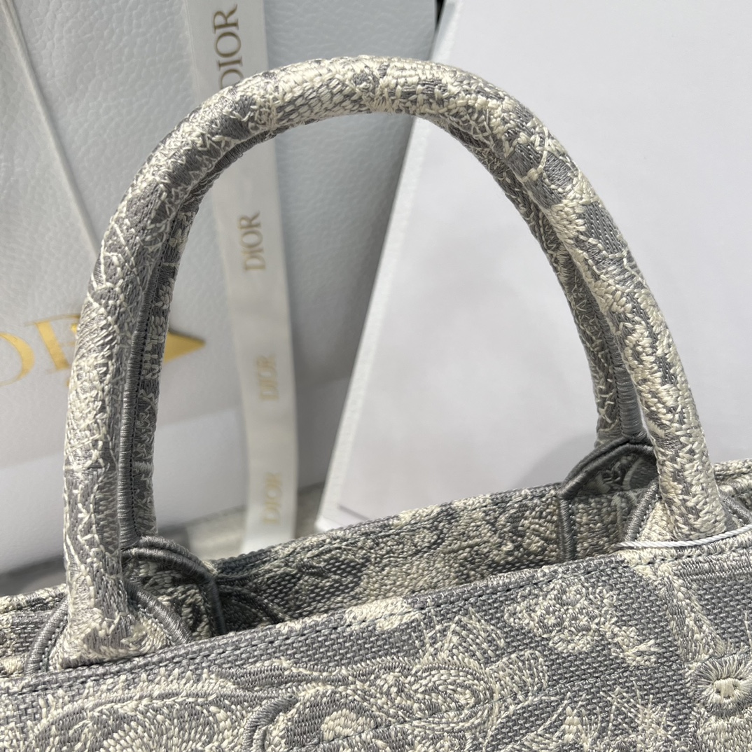 Bagsaaa D10r Small Book Tote Gray and White Toile de Jouy Reverse Embroidery - 26.5 x 22 x 14 cm