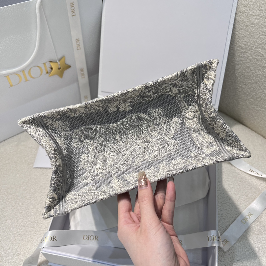 Bagsaaa D10r Small Book Tote Gray and White Toile de Jouy Reverse Embroidery - 26.5 x 22 x 14 cm