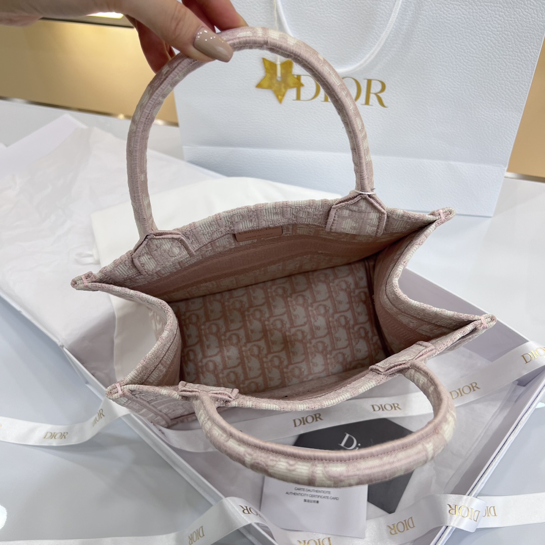 Bagsaaa D10r Small Book Tote Ecru and Pink D10r Oblique Embroidery - 26.5 x 22 x 14 cm
