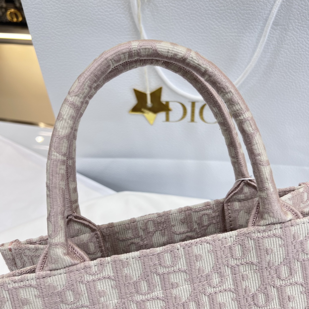 Bagsaaa D10r Small Book Tote Ecru and Pink D10r Oblique Embroidery - 26.5 x 22 x 14 cm