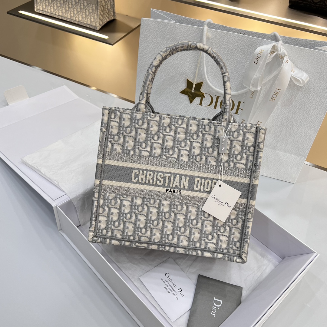 Bagsaaa Small D10r Book Tote Ecru and Gray D10r Oblique Embroidery - 26.5 x 22 x 14 cm