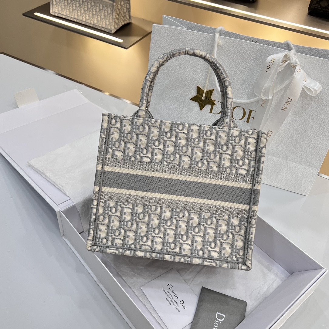 Bagsaaa Small D10r Book Tote Ecru and Gray D10r Oblique Embroidery - 26.5 x 22 x 14 cm