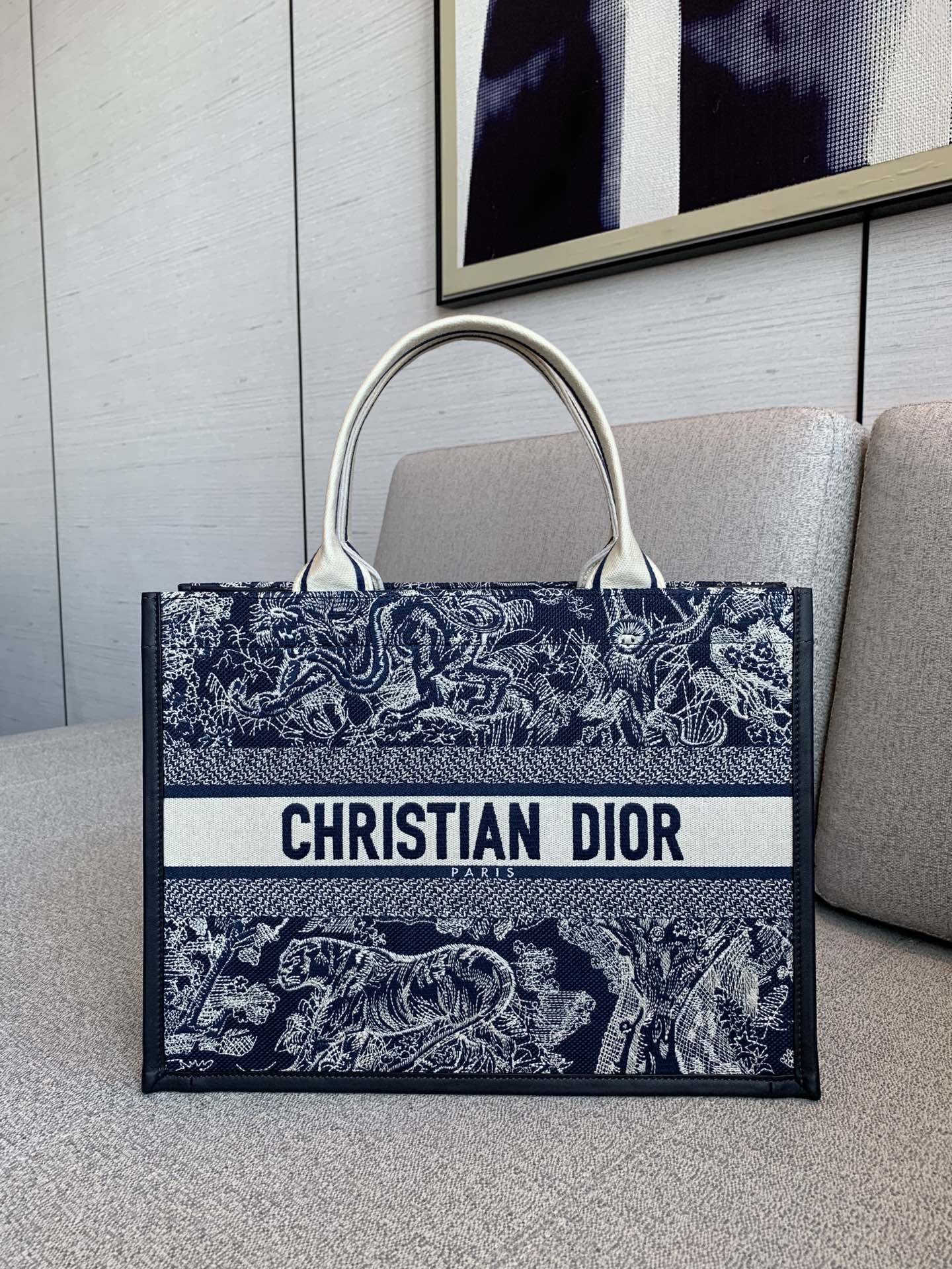 Bagsaaa Medium D10r Book Tote Blue and Ecru Toile de Jouy Reverse Embroidery with Blue Calfskin - 36.5 x 28 x 16.5 cm