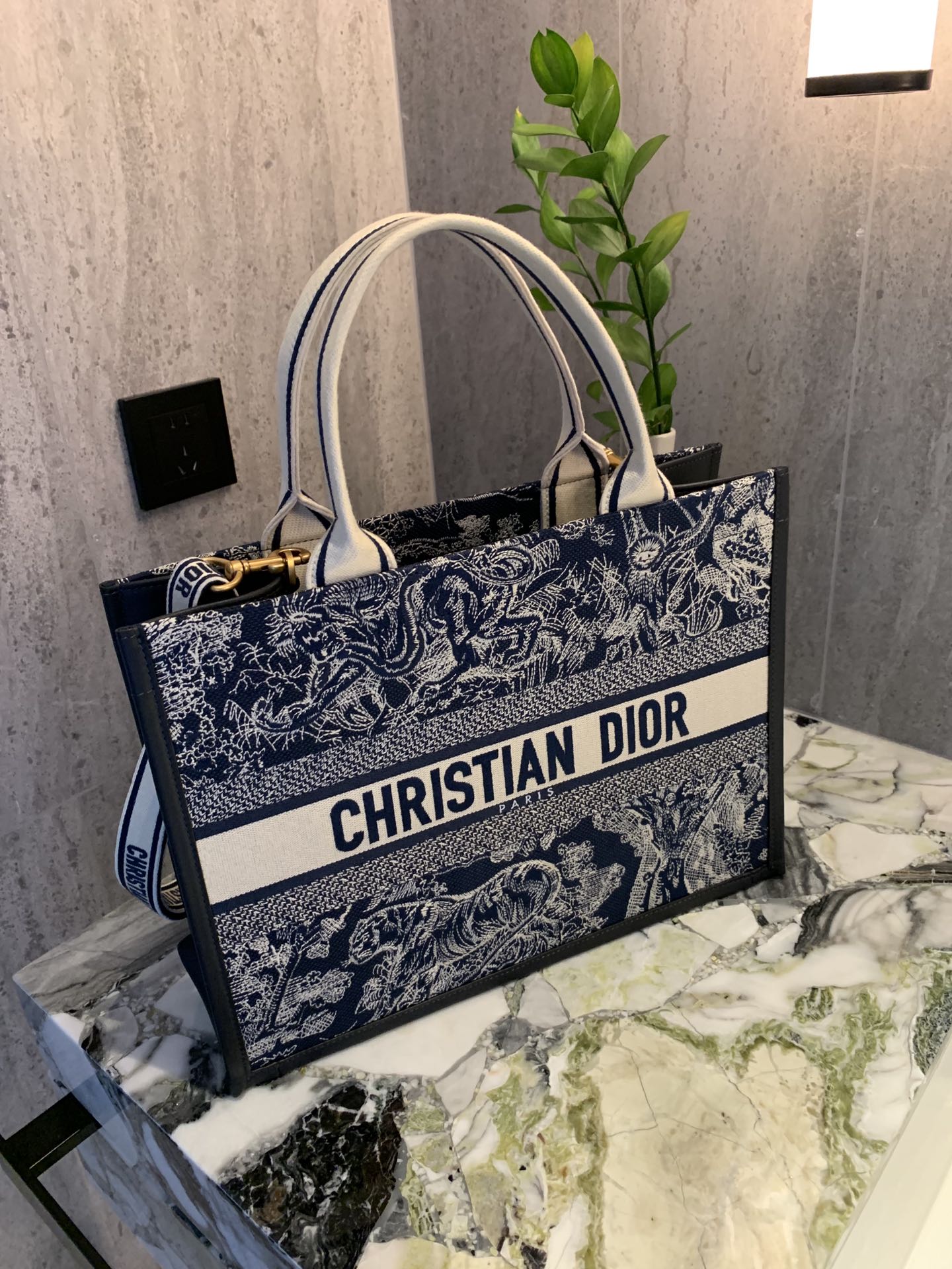 Bagsaaa Medium D10r Book Tote Blue and Ecru Toile de Jouy Reverse Embroidery with Blue Calfskin - 36.5 x 28 x 16.5 cm