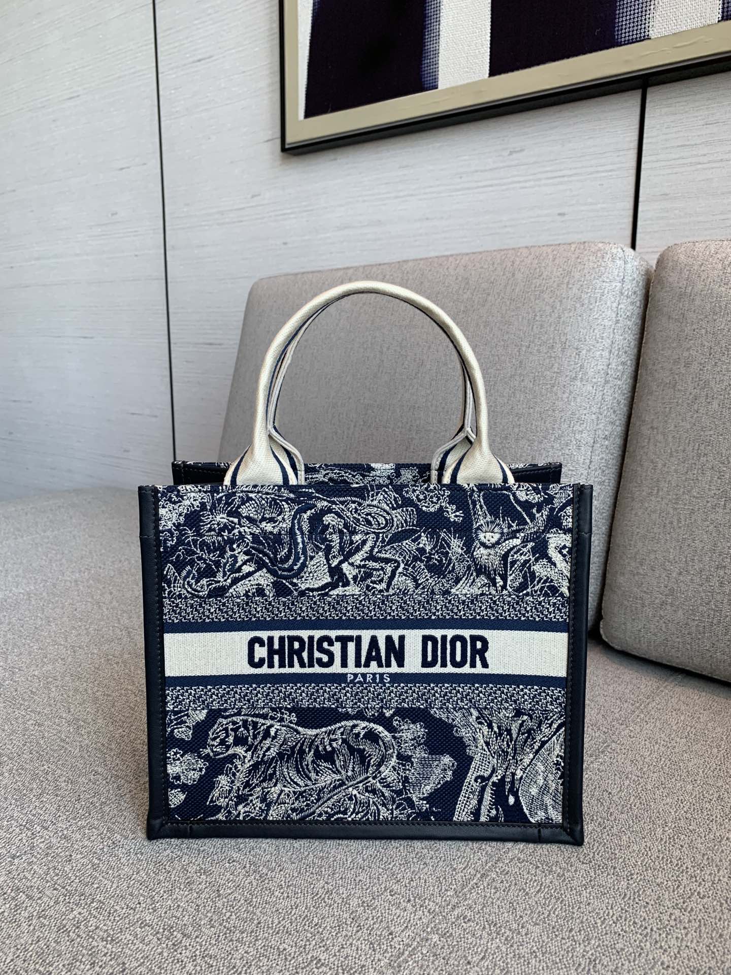 Bagsaaa Small D10r Book Tote Blue and Ecru Toile de Jouy Reverse Embroidery and Blue Calfskin - 26.5 x 22 x 14 cm