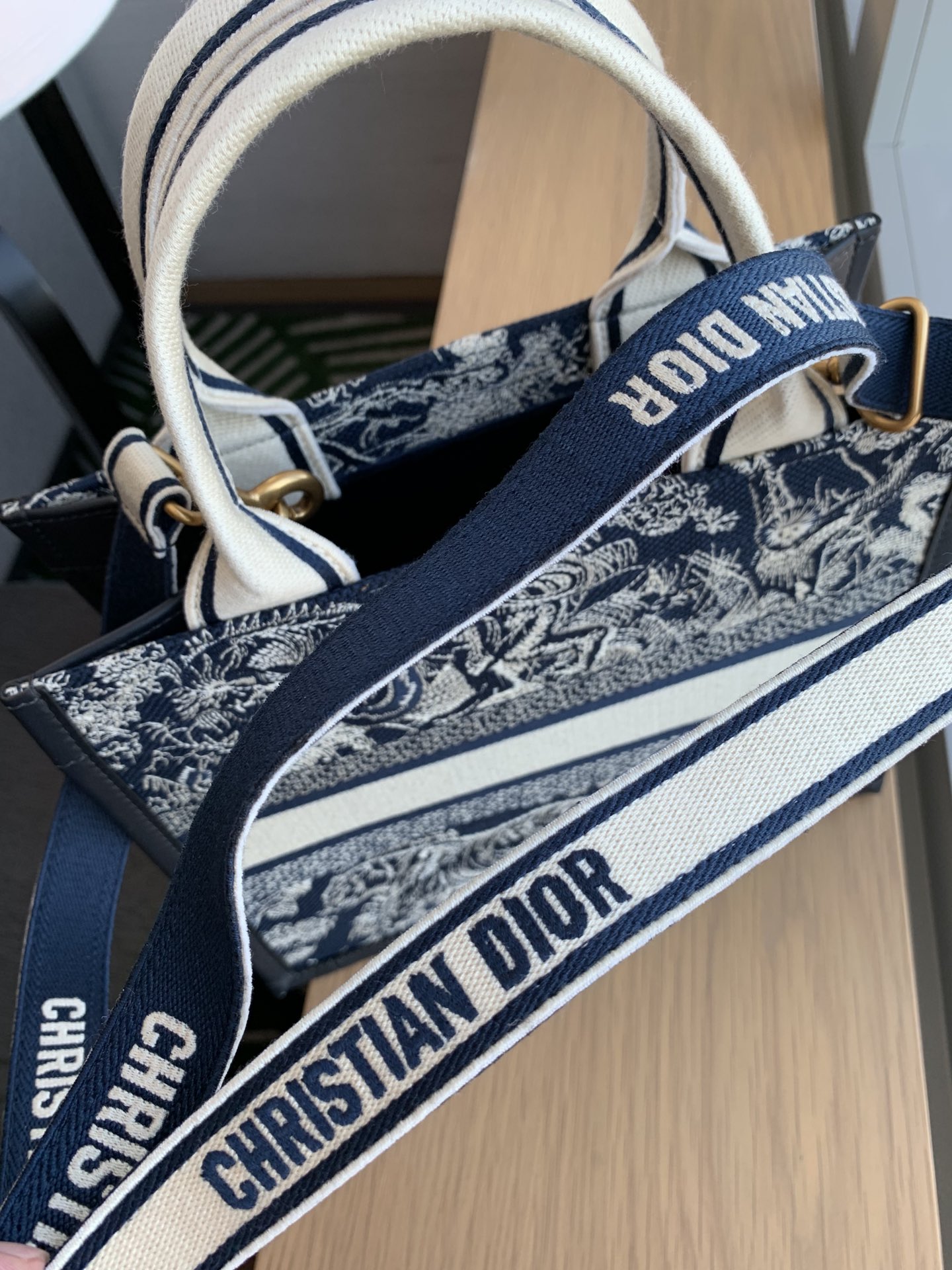 Bagsaaa Small D10r Book Tote Blue and Ecru Toile de Jouy Reverse Embroidery and Blue Calfskin - 26.5 x 22 x 14 cm