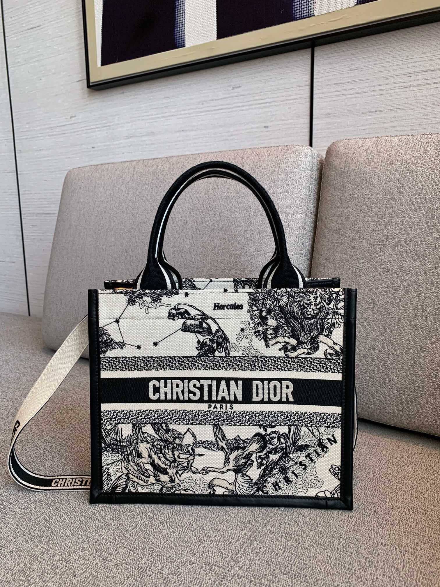 Bagsaaa Small D10r Book Tote Latte and Black D10r Zodiac Embroidery with Black Calfskin - 26.5 x 22 x 14 cm