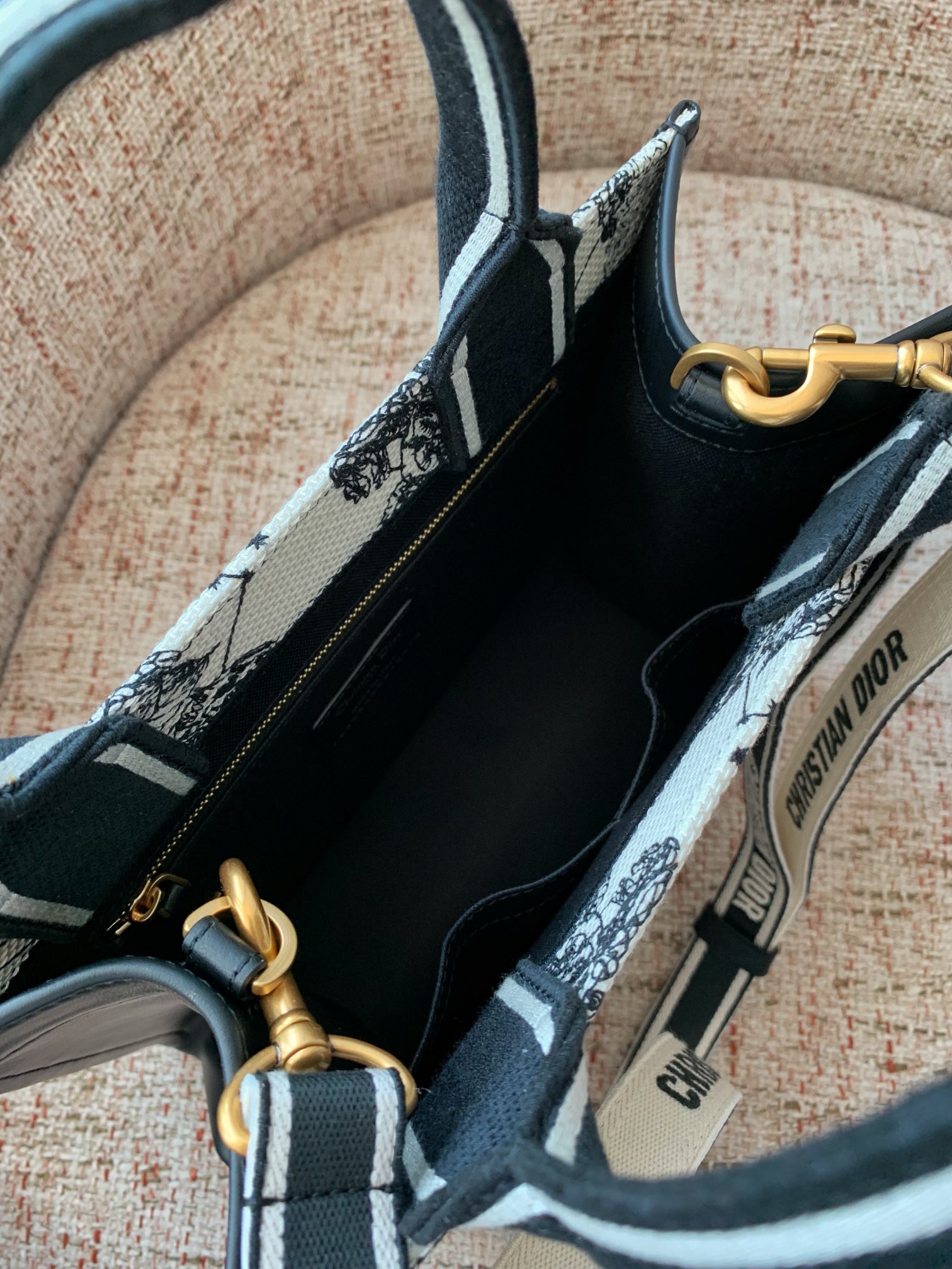 Bagsaaa Small D10r Book Tote Latte and Black D10r Zodiac Embroidery with Black Calfskin - 26.5 x 22 x 14 cm